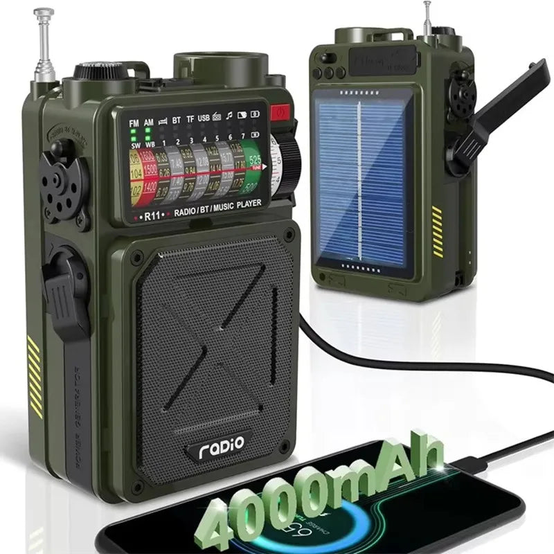 Rádio de emergência Portátil com Energia Solar e Manivela de Emergência – USB, AM/FM/SW, Bluetooth 5.0, Lanterna e Alarme SOS
