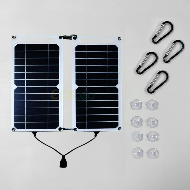 ⚡Solaris 🌞 Painel Solar Duplo (ideal para Camping e Trilhas) 🔋 USB 5V 💧 À Prova d’Água 📱 Carregador Portátil para Celular 🔌