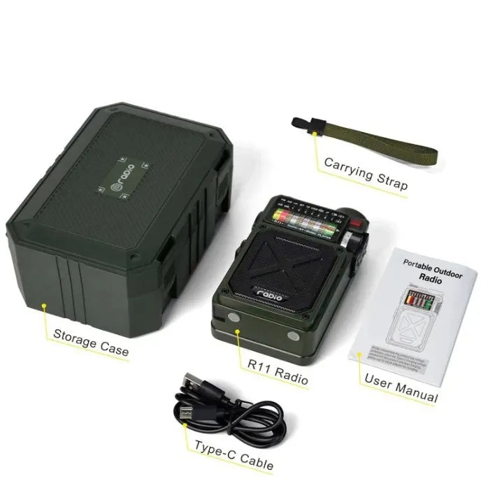 Rádio de emergência Portátil com Energia Solar e Manivela de Emergência – USB, AM/FM/SW, Bluetooth 5.0, Lanterna e Alarme SOS