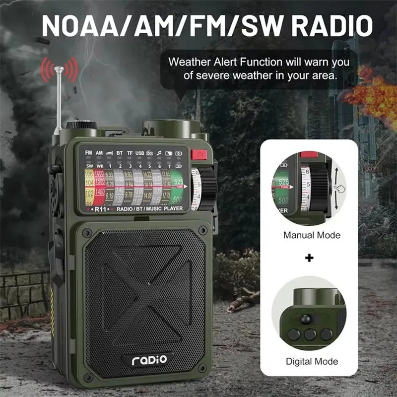 Rádio de emergência Portátil com Energia Solar e Manivela de Emergência – USB, AM/FM/SW, Bluetooth 5.0, Lanterna e Alarme SOS